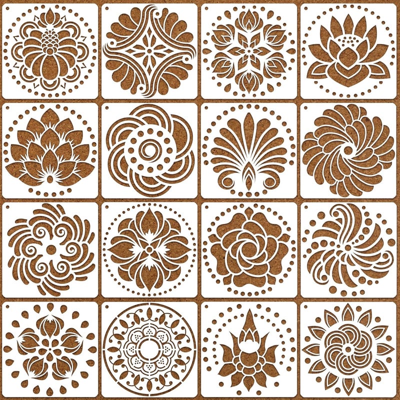 neglex 16 Pack Mandala Stencils for Dot Painting, 6 X 6 Inch Reusable Mandala Stencils for Painting, DIY Decorative Lotus Stencil Template - Image 1